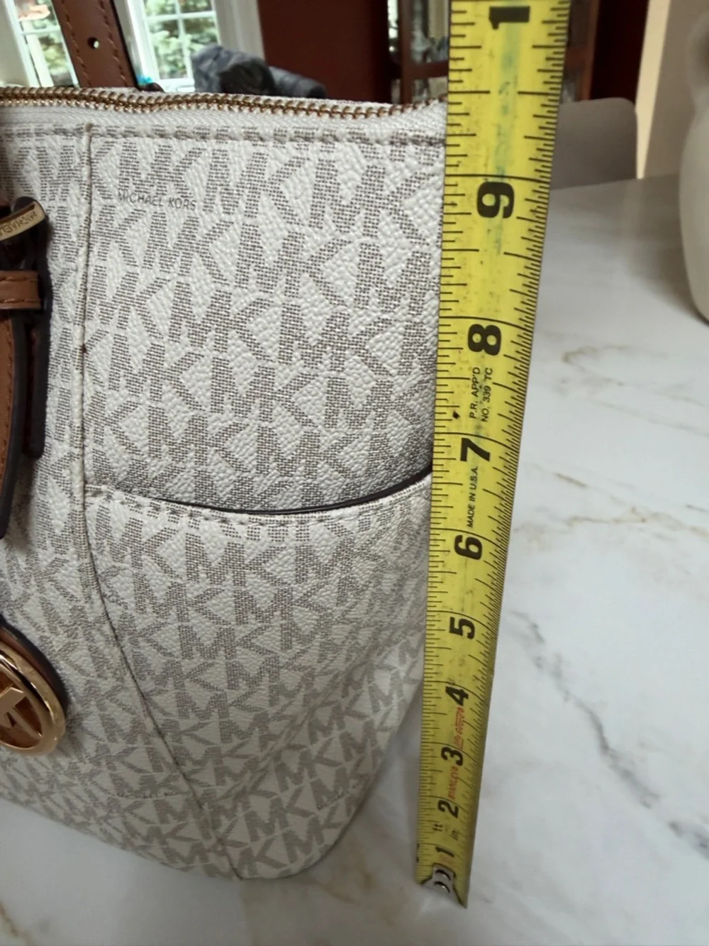 Michael Kors Cream Monogram Tote with Tan Leather Straps - Picture 11 of 14